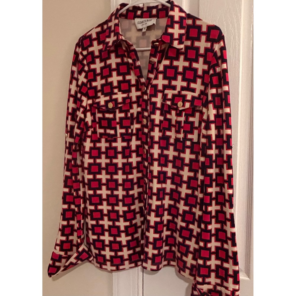 Elizabeth McKay Pink Navy Geometric Cross Print Button Down Shirt Small